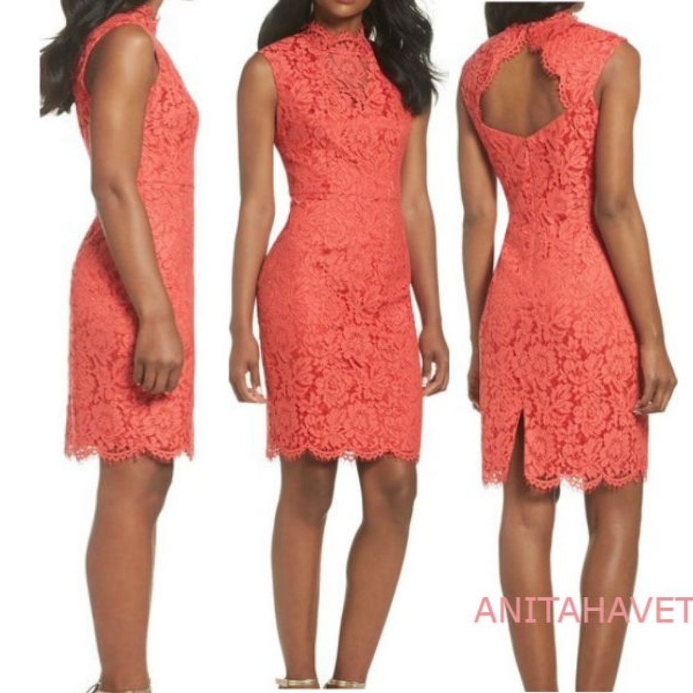 VINCE CAMUTO Open Back Lace Sheath Dress GRENADINE